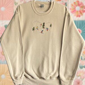 Ski Mountain Embroidered Crewneck Sweatshirt Medium Beige Gildan